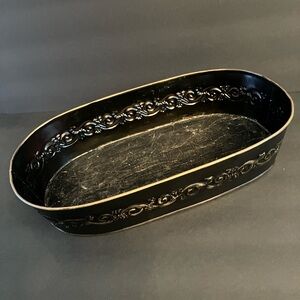 Ornate Black Metal Tray with Gold Embossed Sides & Edging  - 15”x9”x3”